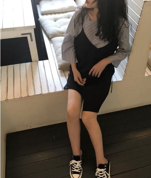 [超豐國際]夏季復古小清新chic小眾圓領襯衫吊帶連衣裙兩件(1入)