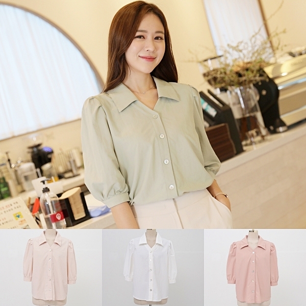 韓國製．知性素面翻領排扣抓皺公主袖襯衫．白鳥麗子