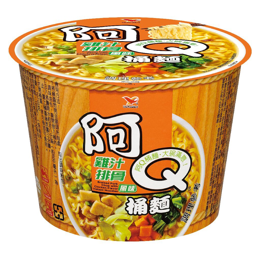 商品名稱 雞汁排骨風味桶品牌 阿Q桶麵外包裝型式 碗裝種類 泡麵品牌國別 台灣葷/素 葷保存方法 常溫內容物成份 麵：麵粉、精製棕櫚油(棕櫚油、抗氧化劑混合濃縮生育醇)、粘稠劑(醋酸澱粉、海藻酸鈉)、