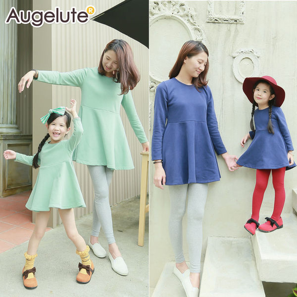 大人款上衣裙 親子裝 洋裝 百搭 內刷毛 休閒 素色 連身裙 連衣裙 洋裙 Augelute 47102