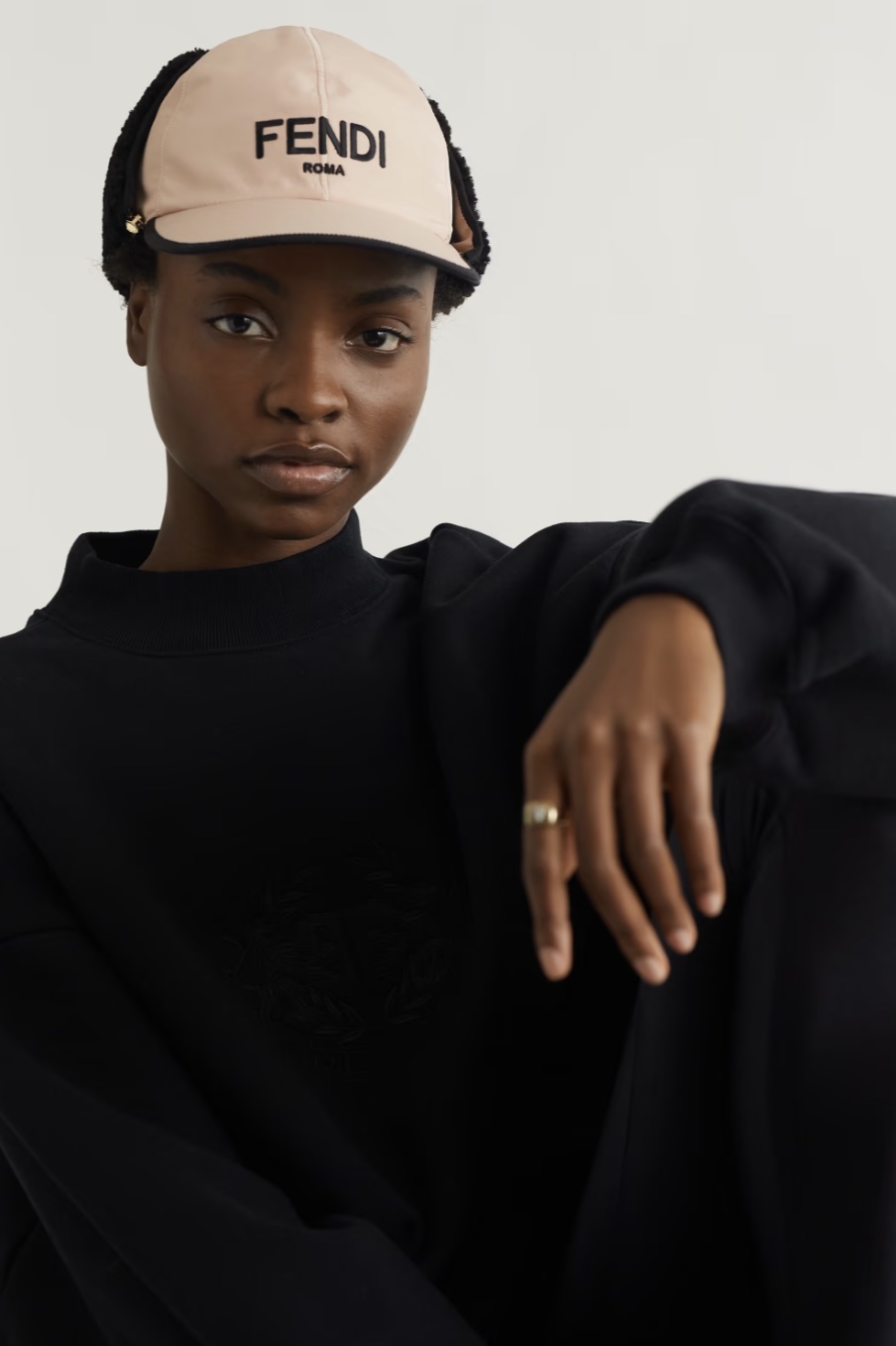 FENDI Shearling-trimmed embroidered shell baseball cap