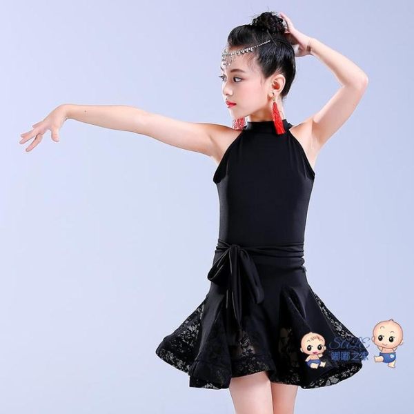 拉丁舞練功服 春夏新款女童拉丁舞裙女童拉丁舞服無袖連身蕾絲裙少兒考級練功服 1色