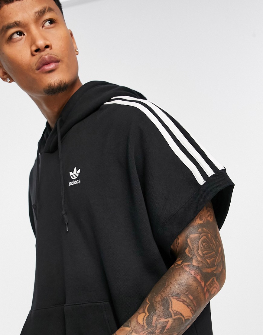 adidas Originals adicolor 3 stripe short sleeve hoodie in black