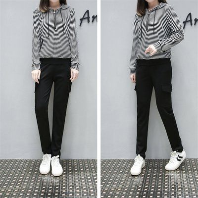 中大尺碼XL-4XL/秋胖mm新款運動修身顯瘦條紋套裝舒適減齡衛衣兩件套4F072.6715 胖胖唯依