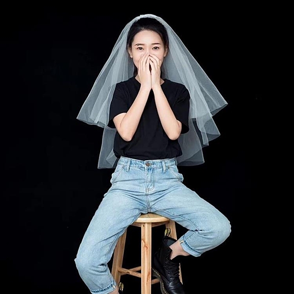 新娘頭紗頭飾超仙森系婚紗頭紗女網紅拍照道具白韓式頭紗短款黑色