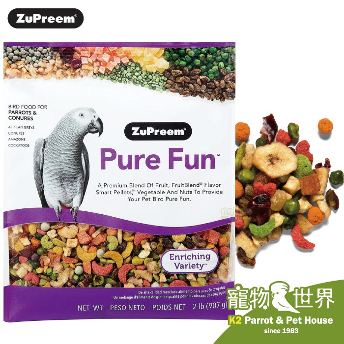 嚴選新鮮蔬菜、水果及殼類種子，每一口都吃得到均衡營養，可增強自身抵抗力，行動靈巧敏捷、毛色鮮豔亮麗、活化繁殖系統維護鸚鵡身體機能健康。營養成分中含有特殊蛋白質與天然維生素Ｅ，顆粒大小適中，減少食材浪費