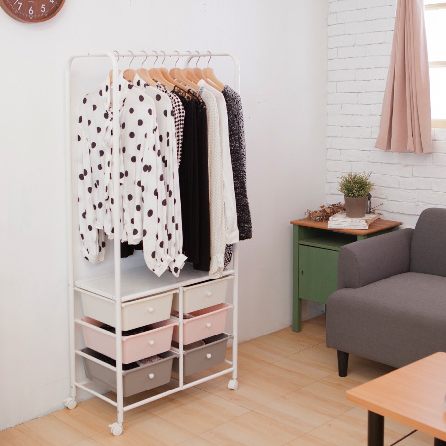 韓系單桿六抽收納衣架【JL精品工坊】衣架 掛衣架 衣帽架 置物架 活動衣架 收納推車