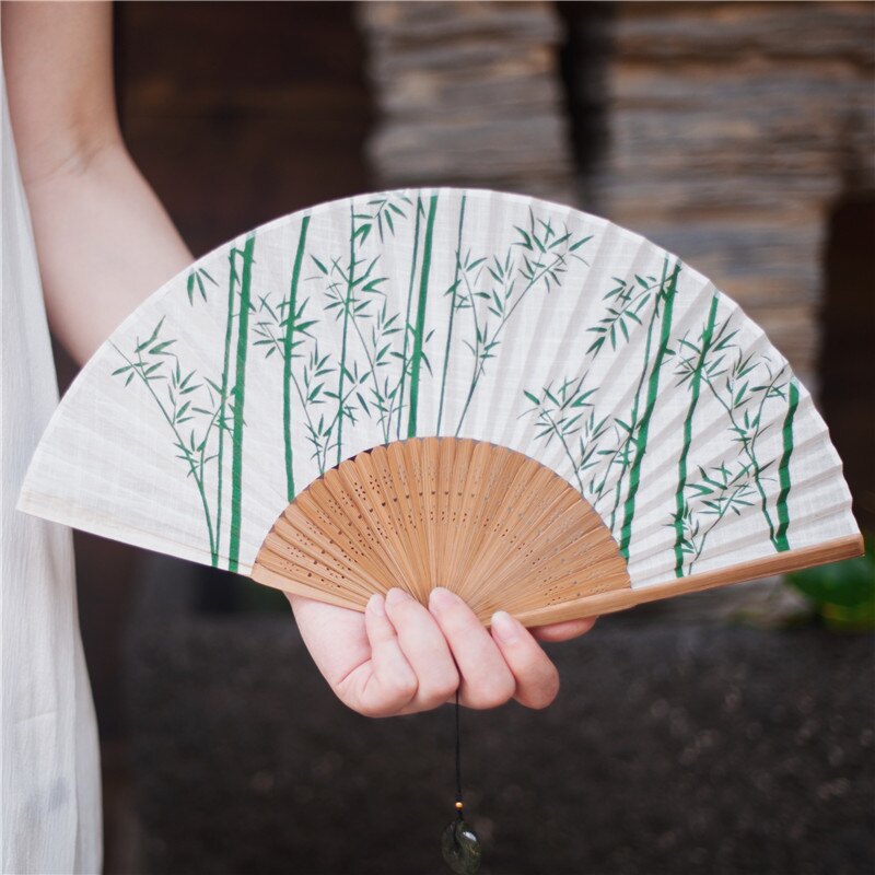 扇子 6.5寸和服扇子 和風棉麻印染扇子折疊禮品扇竹海