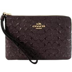 COACH 新款馬車浮雕 LOGO 漆皮拉鍊手拿包( 咖紅)