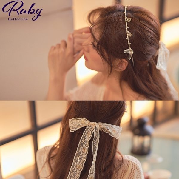 髮飾 韓國直送‧蕾絲綁帶水鑽玫瑰髮箍-Ruby s 露比午茶