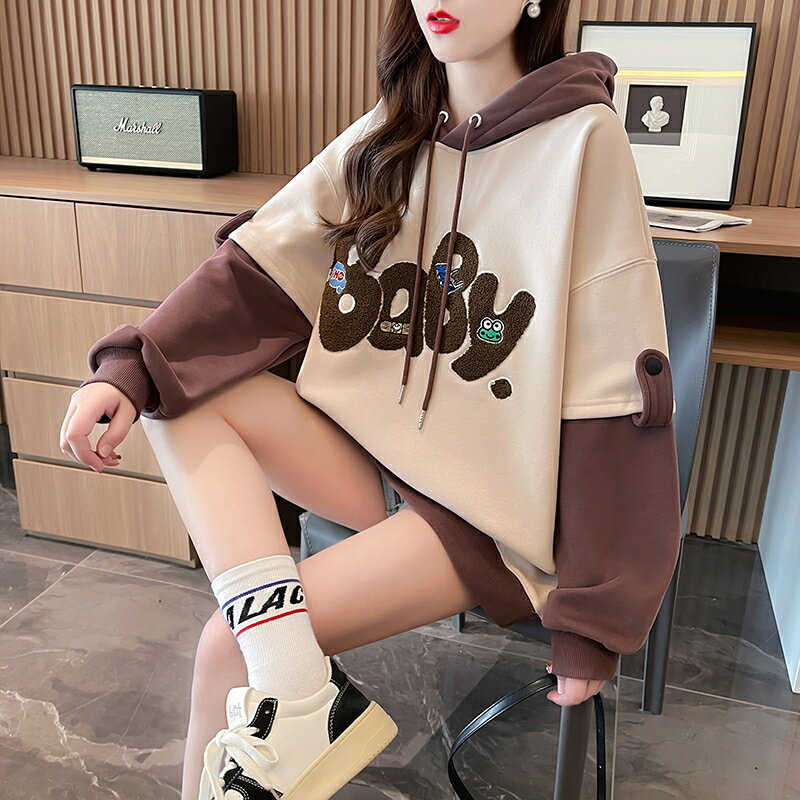 裕沅伸 M-2XL 素帽踢愛迪達短板帽t 實拍高品質 包領植絨卡通連帽衛衣女春季新款日韓中長款上衣薄款