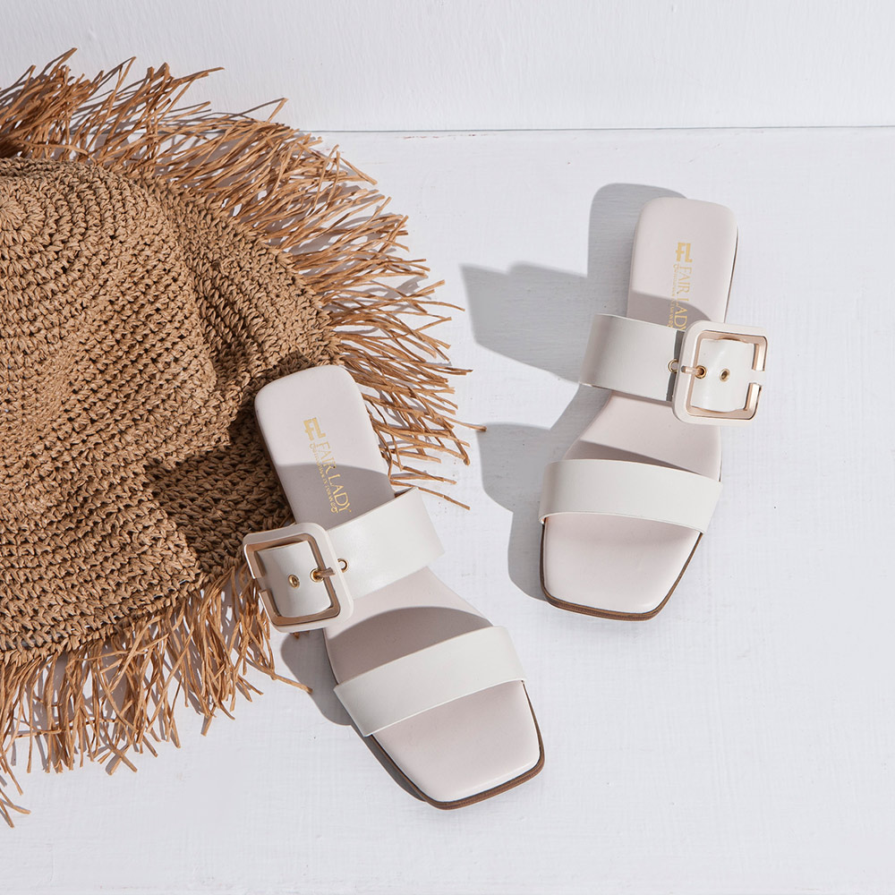 邂逅盛夏．Summer Bright 真皮方頭剪裁一字平底涼拖鞋 白 (102274)