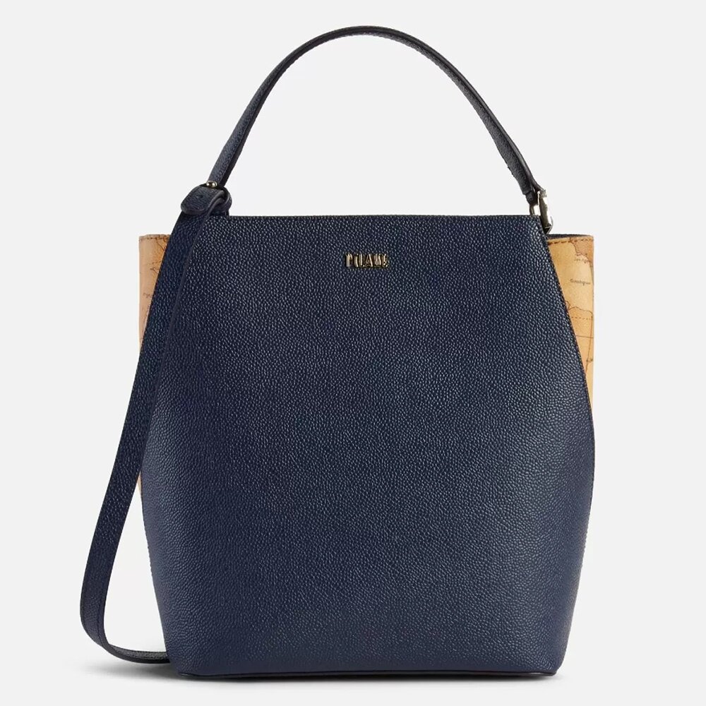 【Alviero Martini 義大利地圖包】典雅簡約 荔枝紋手提側揹水桶包-深藍色