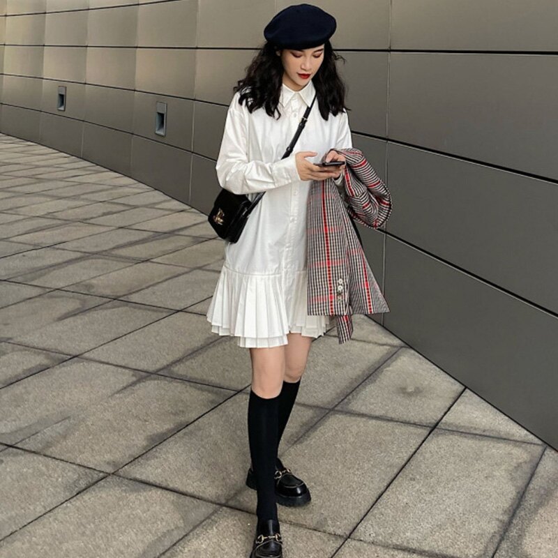 襯衫裙中長款女春秋2022年新款寬松白色百褶裙閨蜜裝裙子森系學生