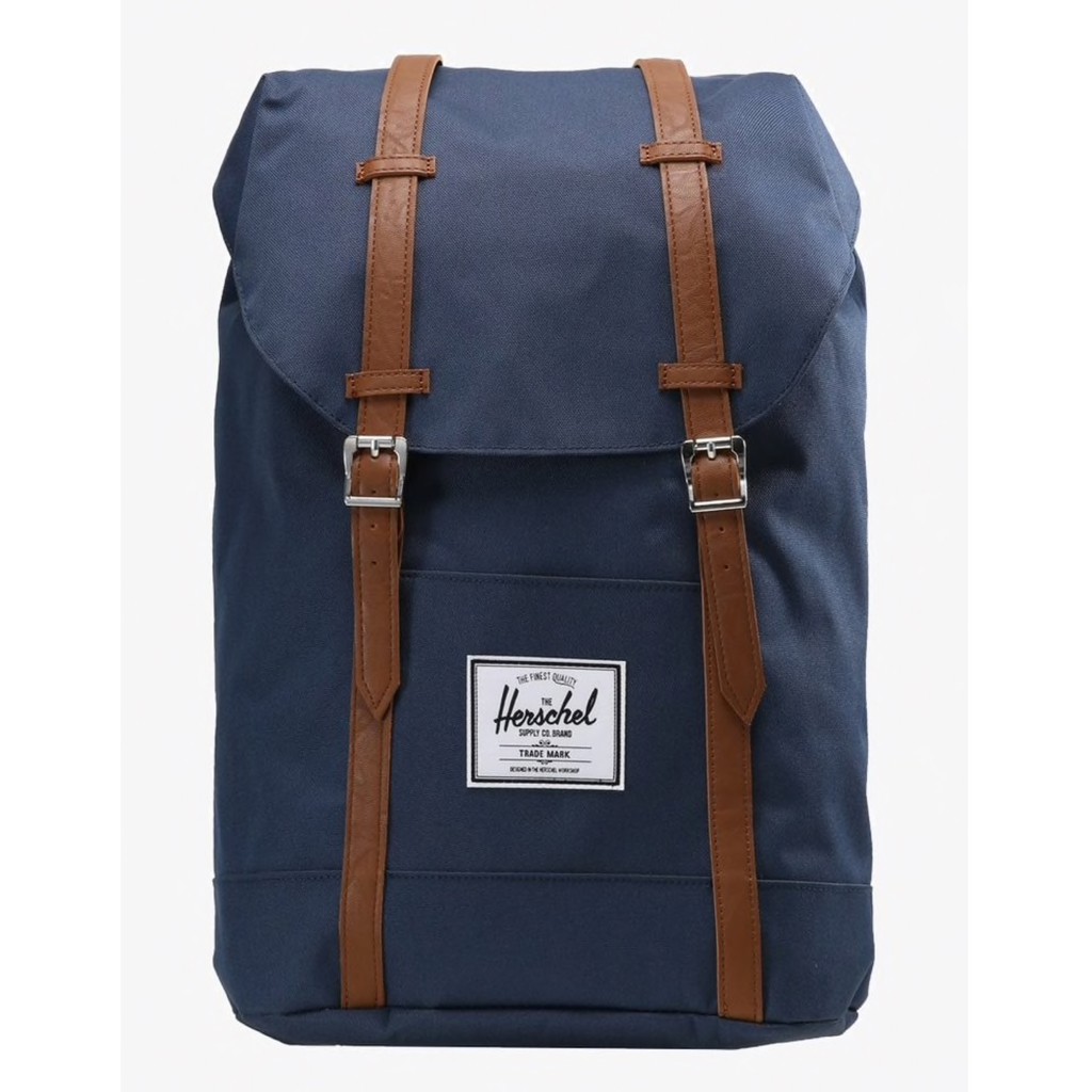 Herschel Retreat 大型 深藍 藍色 卡其皮革帶 帆布 磁扣 耳機孔 厚筆電層 後背包 [現貨]