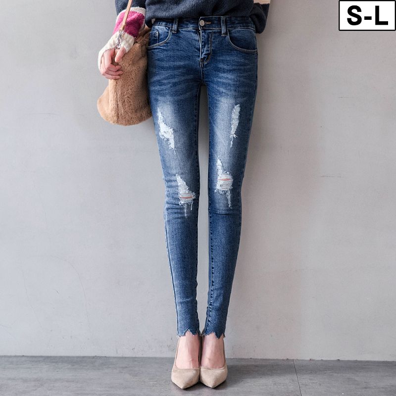 ★現折100★原價599現折100-$499★miustar 彈力腰圍刷白磨破不修邊褲管合身牛仔褲(共1色，s-l)0428 預購【nh1280ep】