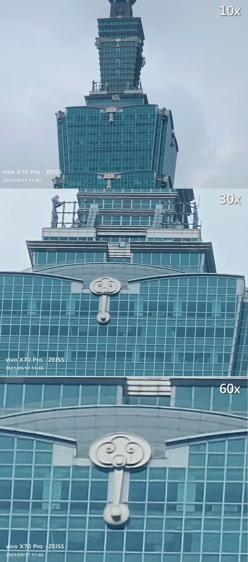 X70 系列也具備強悍的變焦拍攝能力，最高可達 60x，上面分別延續上一張圖的同一位置分別變焦至 10x、30x 與 60x 的拍攝範圍。