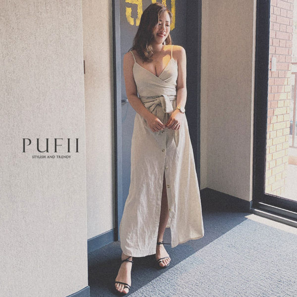 PUFII-洋裝 細肩繞腰綁帶排釦洋裝-0627 現+預 夏【CP16955】