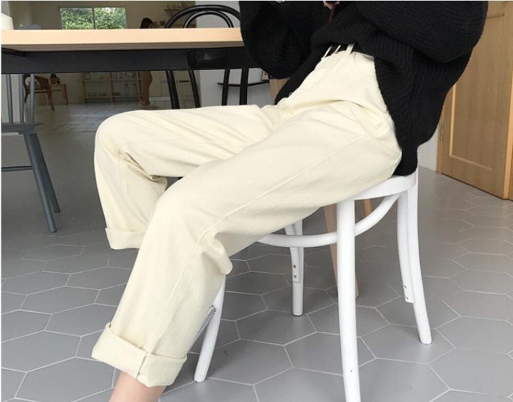 牛仔褲 米白色直筒牛仔褲女秋季初戀學生闊腿寬鬆杏色褲子加絨 瑪麗蘇 瑪麗蘇