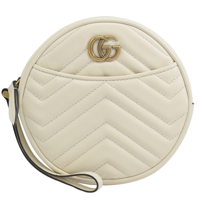 GUCCI GG Marmont金屬LOGO絎縫圓餅手拿包(白)