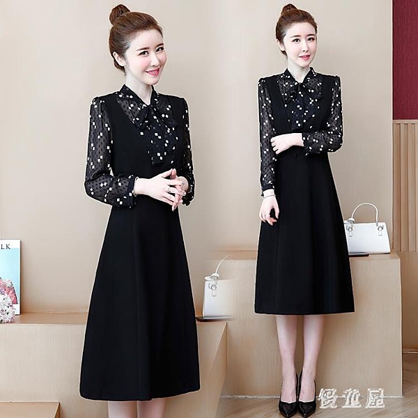 2019秋季收腰顯瘦氣質大碼長裙子黑色蝴蝶結碎花拼接洋裝連身裙女新款