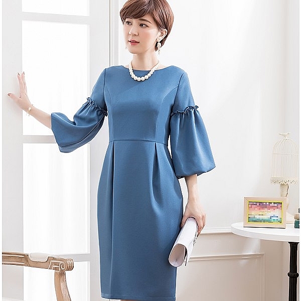 88211-S~純色橢圓領~泡泡燈籠袖~中長裙洋裝~婚禮/宴會/音樂會