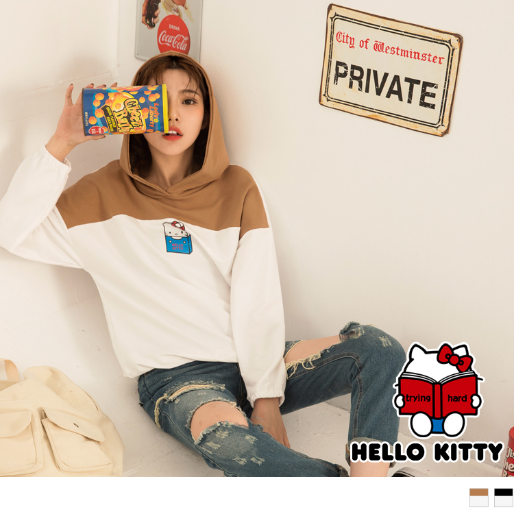 學院系列~KITTY印花撞色抽繩連帽上衣