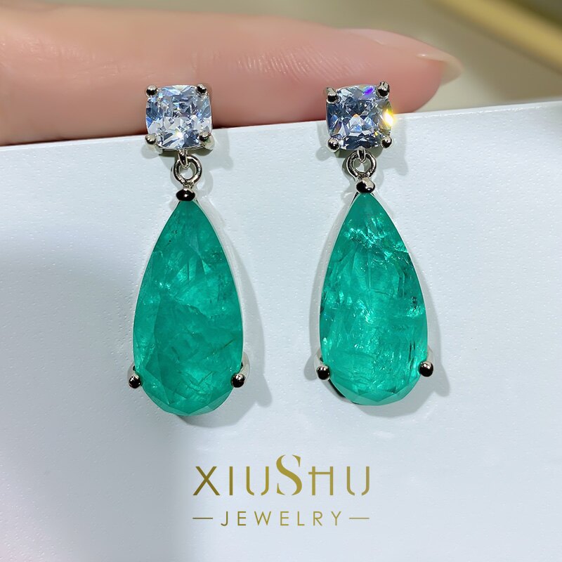 耳釘女ins風歐美仿真祖母綠耳環長水滴大寶石簡約珠寶XIUSHU