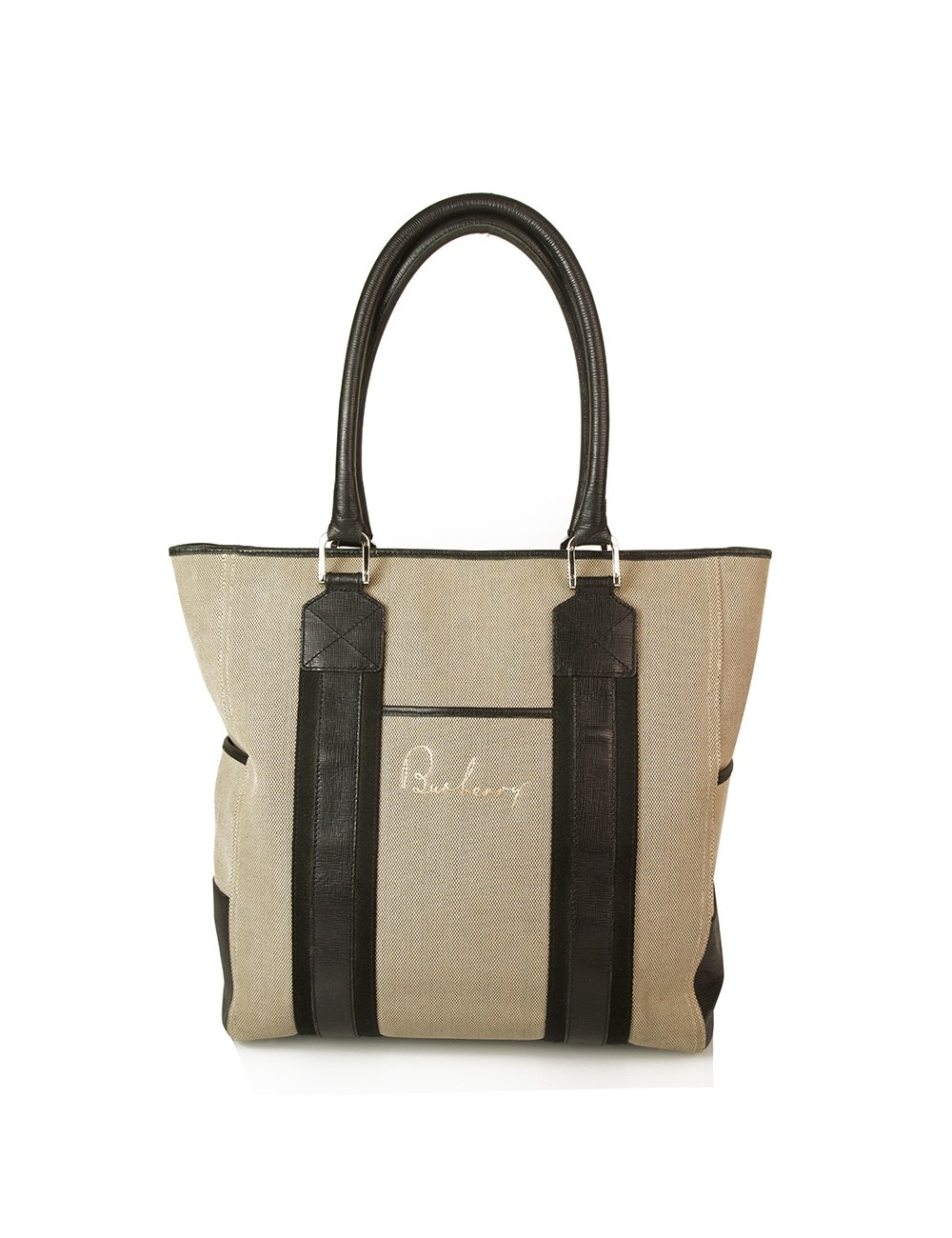 材質：帆布和皮革 提手：雙黑色皮革提手 閉合/ Openin拉鍊頂部 內部Linin黑色織物襯裡 內部口袋：1個拉鍊袋/兩個貼袋 外部口袋：3個貼袋（正面和兩個）尺寸）：高度：36厘米/長度：36厘米