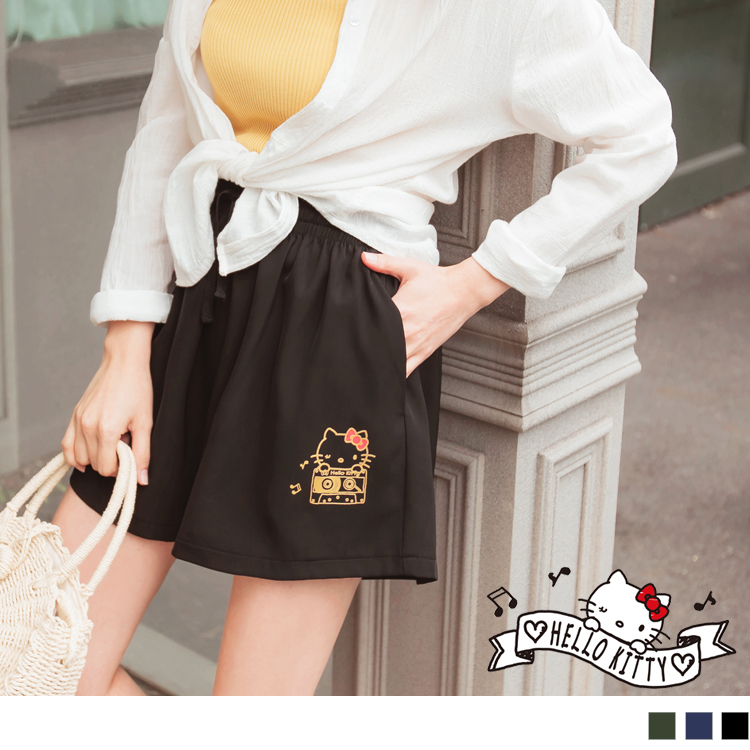 音樂Kitty印圖腰綁帶飄逸A字短褲
