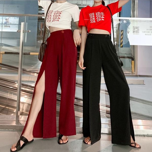 寬褲 新款女裝開叉闊腿褲女夏雪紡垂感寬鬆長褲薄款鬆緊高腰休閒褲
