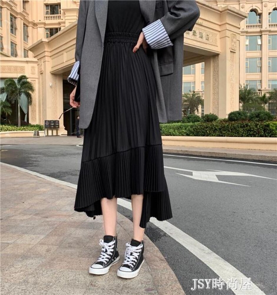 撲啦啦韓風不規則壓褶荷葉邊半身裙女春中長款高腰寬鬆百褶裙長裙 JSY時尚屋