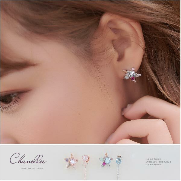 韓國直送‧星星寶石不對稱後扣式耳環