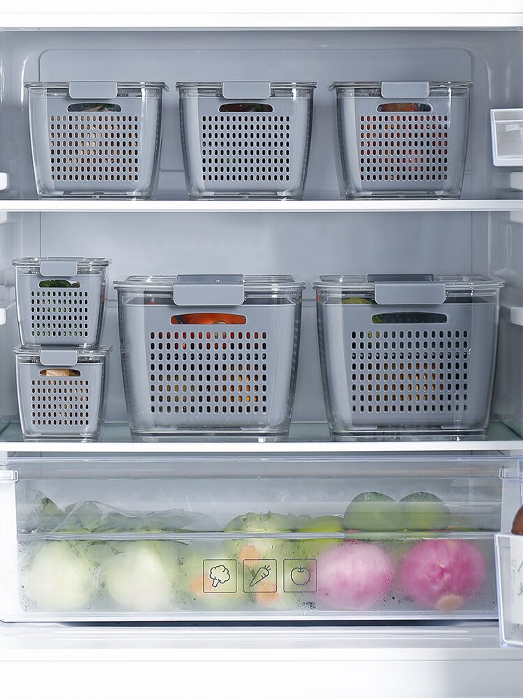 霜山日式瀝水保鮮盒塑料洗菜瀝水籃廚房冰箱分裝密封果蔬收納盒