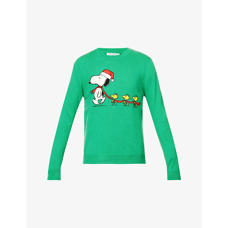 Chinti And Parker Womens Green Snoopy Christmas Wool and Cashmere-blend Jumper L