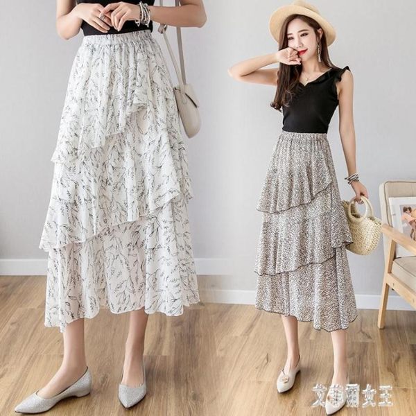 2019夏雪紡很仙的裙子高腰波點不規則半身裙女蛋糕裙搭配上衣CC722【艾菲爾女王】
