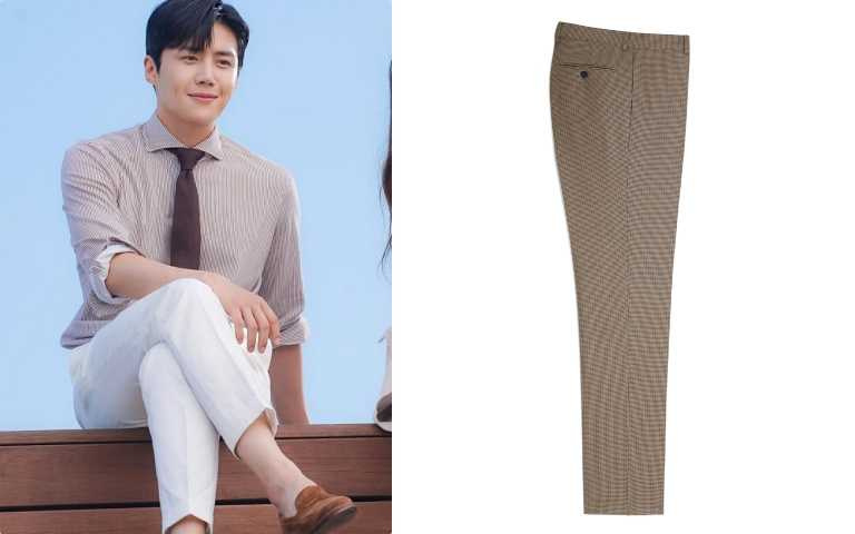編輯推薦：Sandro Homme木星棕米白色格紋西裝長褲／價格店洽。（圖／金宣虎IG、品牌提供）