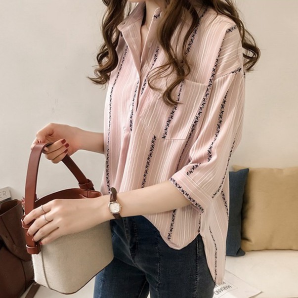我最便宜~限量500件(GU-8569) - 氣質直條紋小花印花側開衩雪紡小V領七分袖襯衫