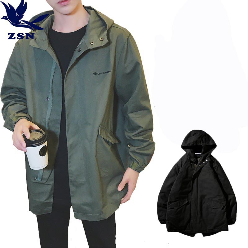 19潮流防風中長款男生風衣外套 連帽寬鬆大尺碼大衣外套 歐美風軍綠色防寒外套 素面外套 戶外休閒運動登山服飾百搭潮牌外套