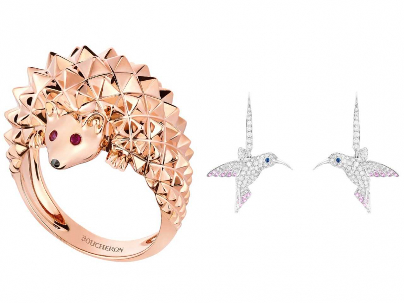 （左）BOUCHERON「Animaux de Collection動物系列」刺蝟指環╱176,000元；（右）BOUCHERON「Animaux de Collection動物系列」蜂鳥耳環╱1,240,000元（圖片提供╱BOUCHERON）