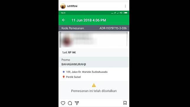 Tangkapan layar pengemudi ojek daring setelah membatalkan pesanan penderita tunanetra (Instagram/@luthfiftmi)