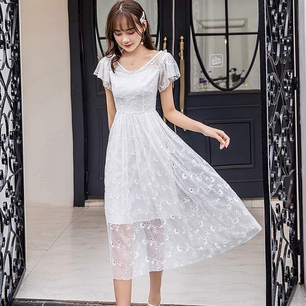 逆齡女神甜美V領露肩荷葉袖網紗刺繡中長裙洋裝/宴會/婚禮/下午茶/謝師宴[98770-QF]美之札