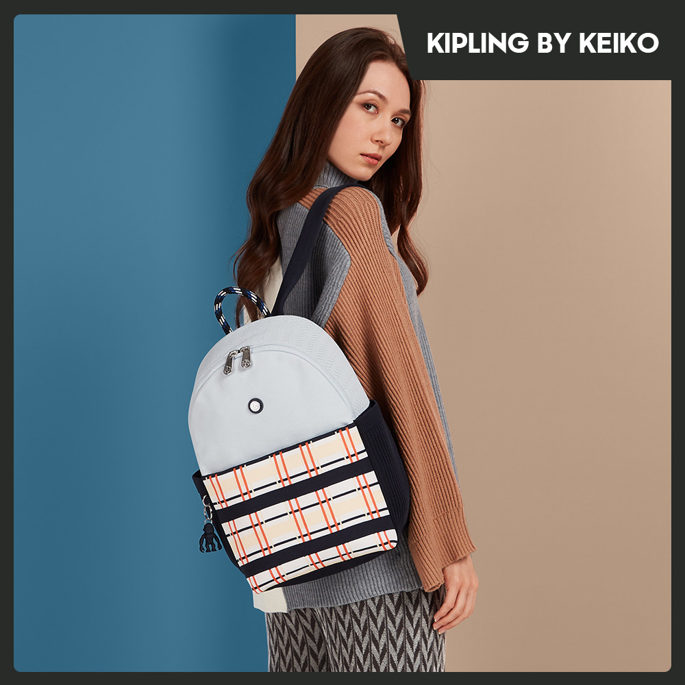 Kipling By Keiko 經典針織暖調格紋上方拉鍊後背包-DELIA