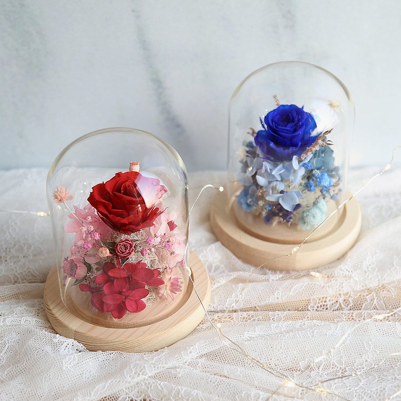 / 商品說明及尺寸 / 由永生花玫瑰.繡球.法國白梅.乾燥滿天星製作而成的罩盅 玻璃罩盅底座尺寸約9cm 高約12cm