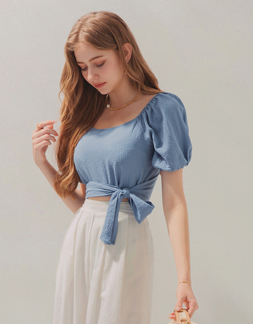 2WAY方領皺皺澎袖交叉綁短版上衣