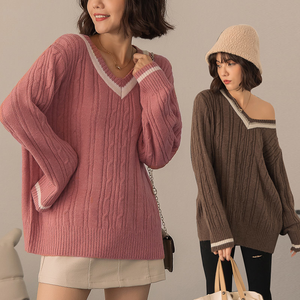 PUFII-針織衣 學院風V領撞色麻花超柔軟針織毛衣-1206 現+預 冬【CP23582】