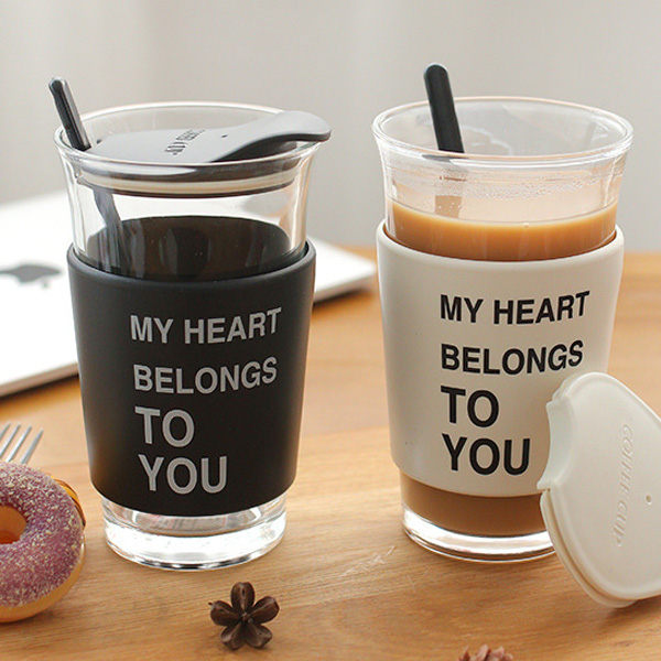 【BlueCat】英文字雙層防燙環加蓋玻璃咖啡杯 (400ml)