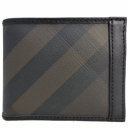 BURBERRY 經典格紋皮革拼接對折短夾(黑x咖啡)