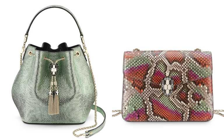 Serpenti Forever薄荷綠色金屬水蛇皮水桶包／122,900元、Serpenti Forever 絢彩蟒蛇皮肩背包／144,900元（圖／品牌提供）