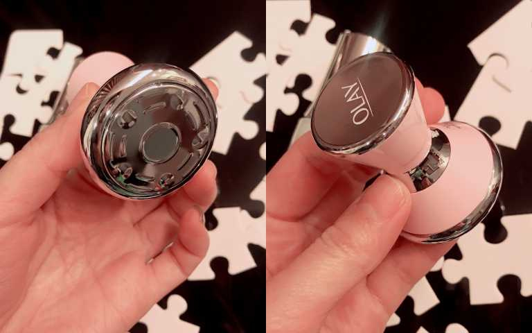 全新OLAY微磁震動導入儀以每分鐘7000次高頻微震[1]與微磁波， 45公克輕巧粉嫩外型讓人少女心噴發，超療癒！(圖片./黃筱婷攝影)